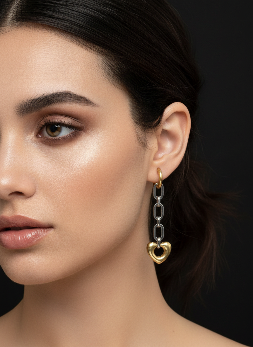 Mixed Metal Chain Links Heart Earrings