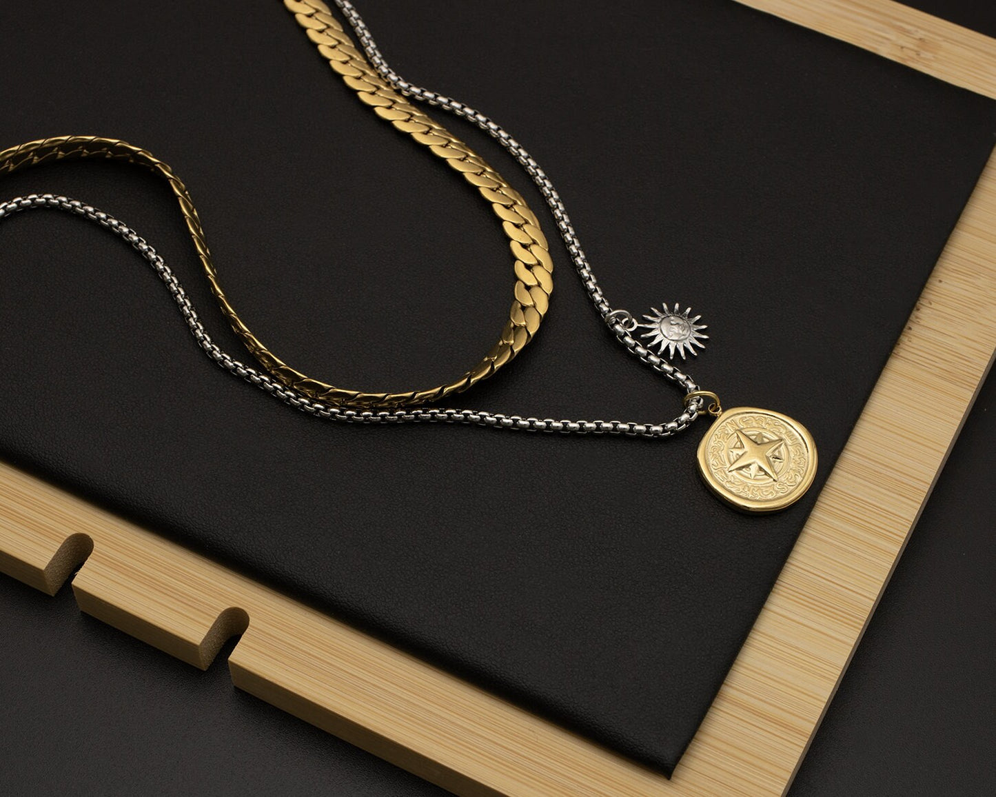 Mixed Metals Sun and Compass Necklace Set