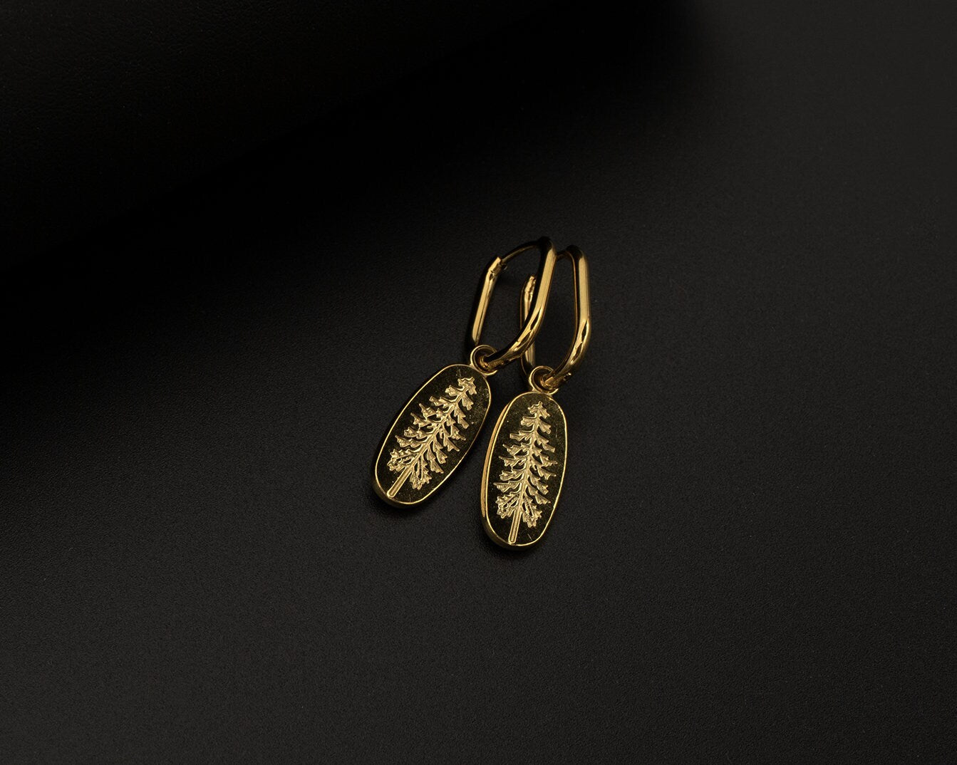Gold Embossed Pine Tree Hoop Earrings