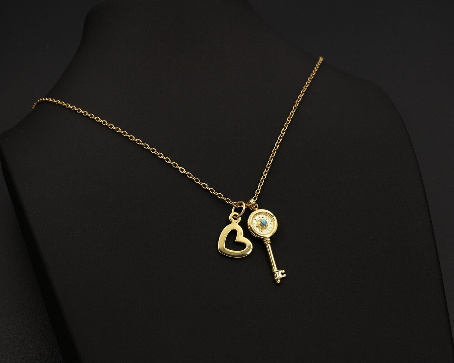 Delicate 18K Gold Chain Necklace with Key and Heart Pendant