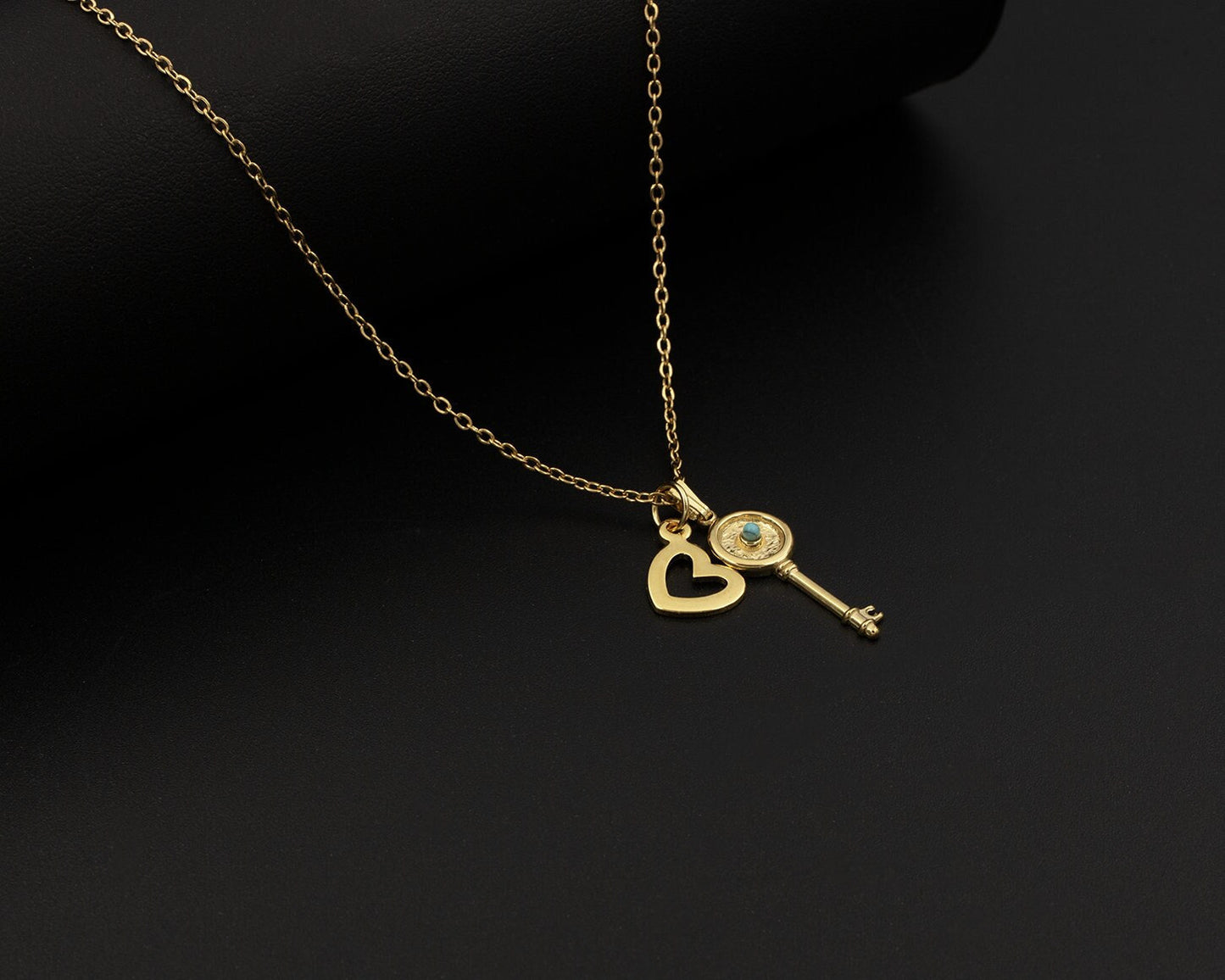 Delicate 18K Gold Chain Necklace with Key and Heart Pendant