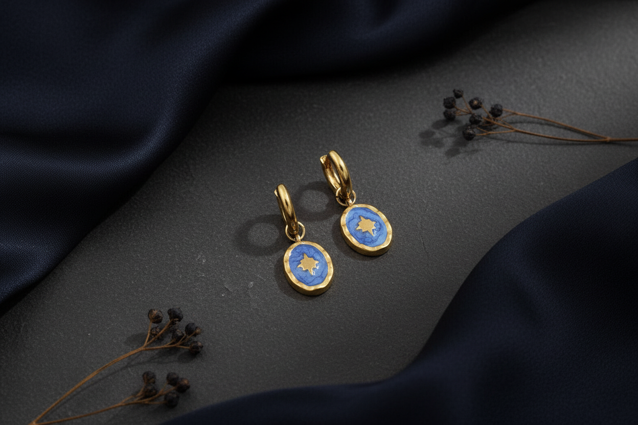 Gold Enamel Star Hoop Earrings