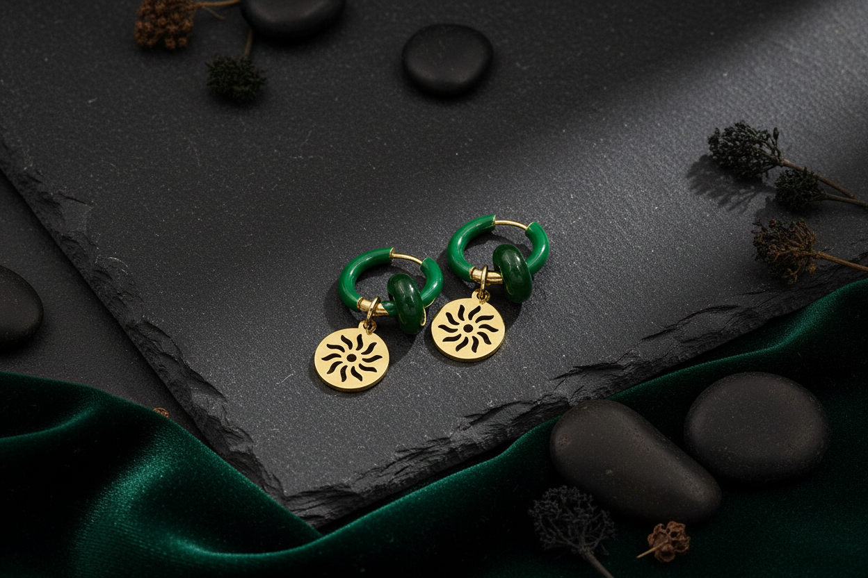 Gold Sun and Green Jade Earring Hoops