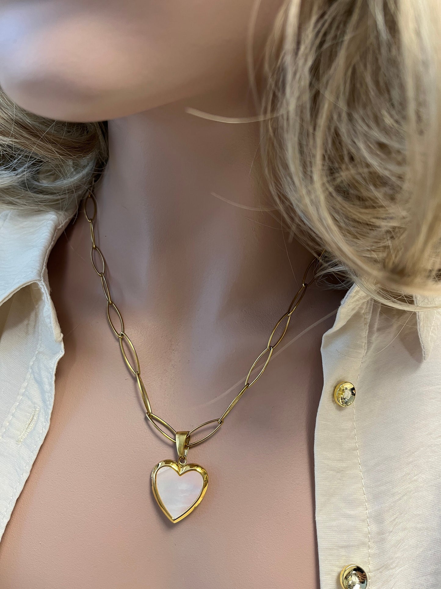 Gold Mother of Pearl Heart Locket Necklace