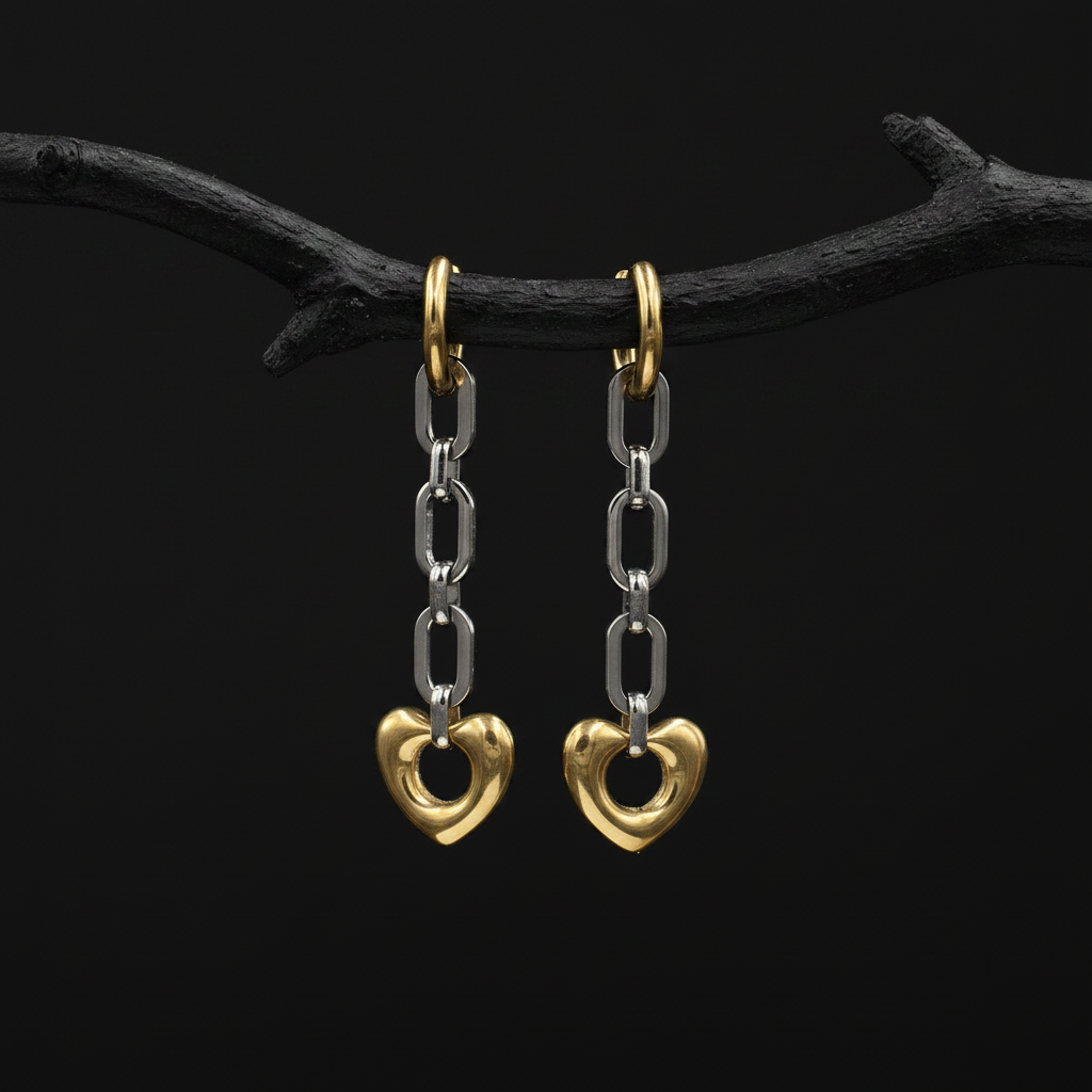 Mixed Metal Chain Links Heart Earrings
