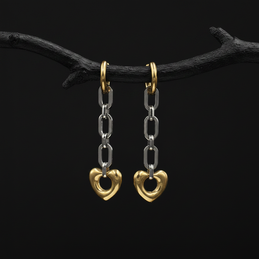 Mixed Metal Chain Links Heart Earrings
