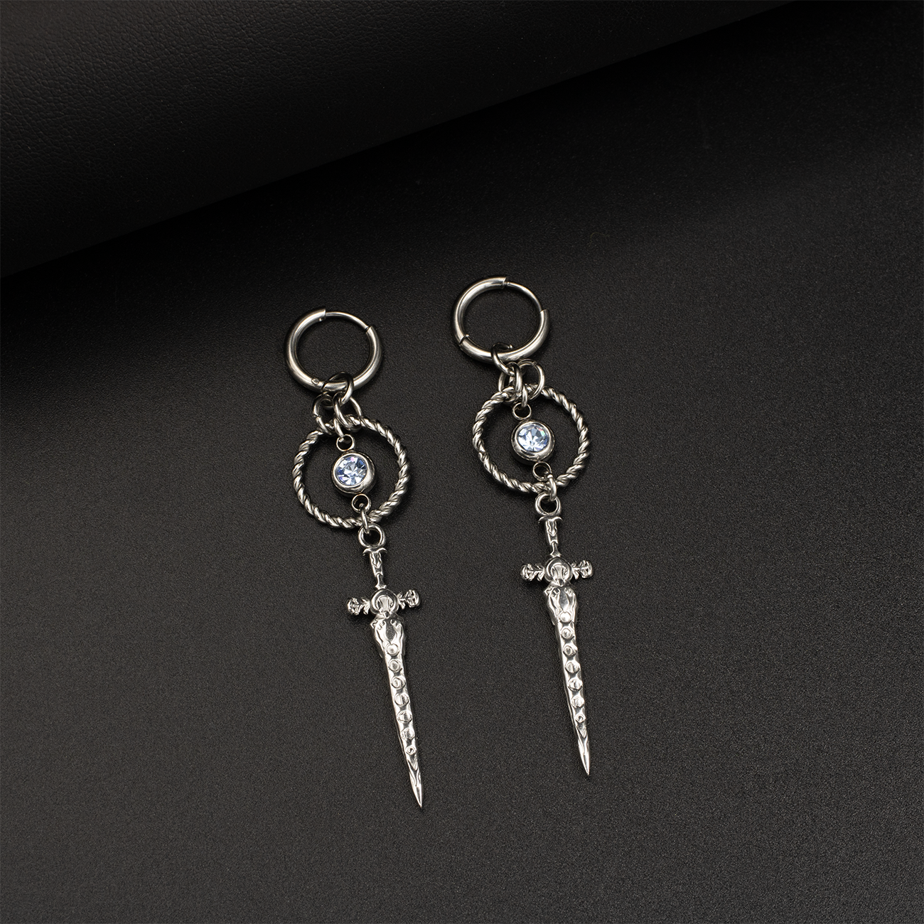 Sword Drop Earrings with Blue Crystal