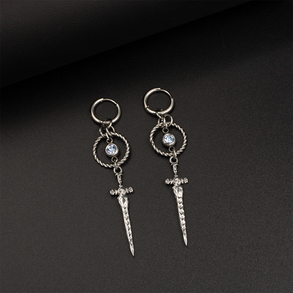 Sword Drop Earrings with Blue Crystal