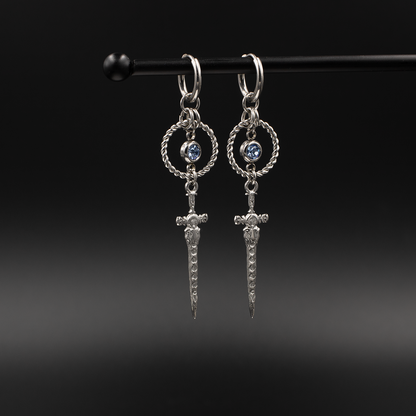 Sword Drop Earrings with Blue Crystal