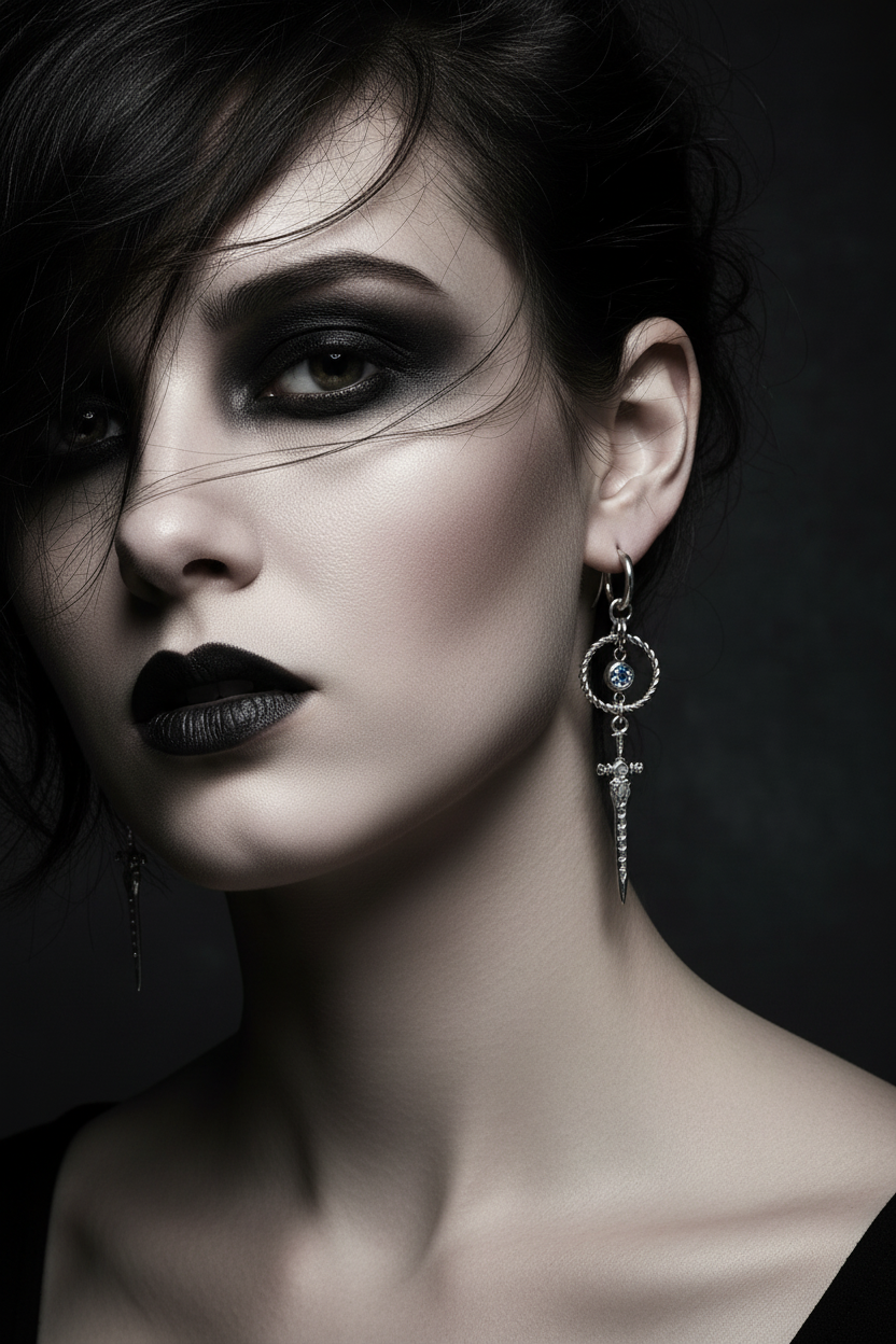 Sword Drop Earrings with Blue Crystal