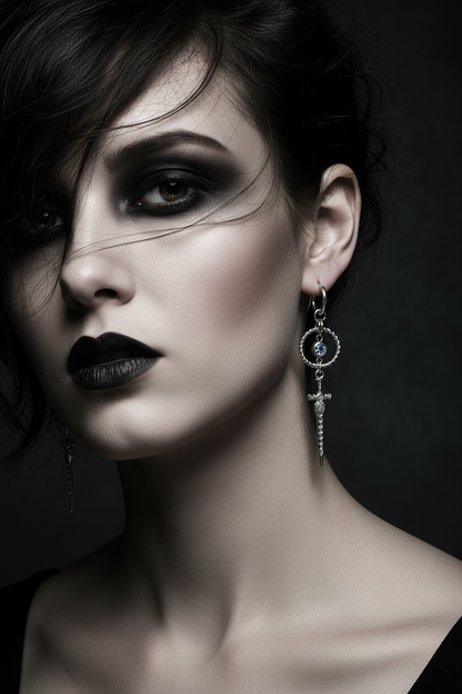 Sword Drop Earrings with Blue Crystal