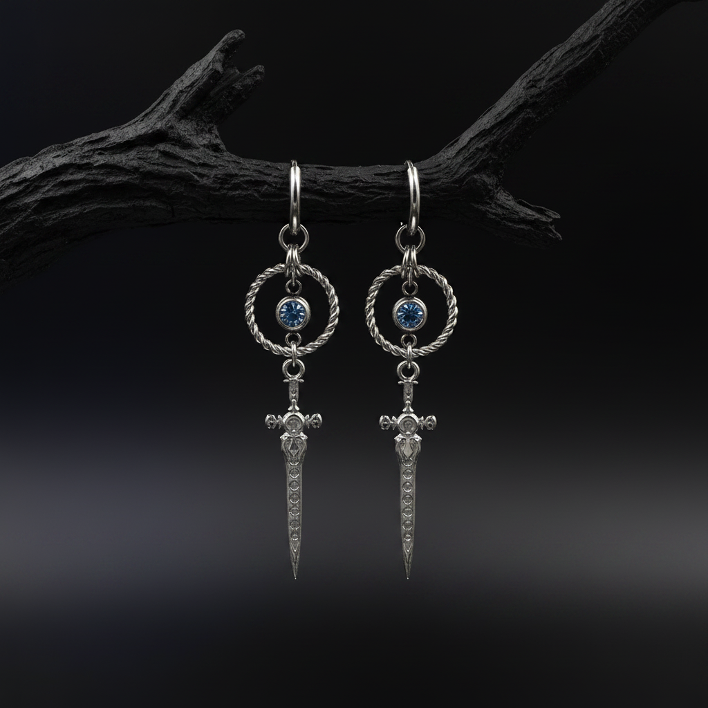 Sword Drop Earrings with Blue Crystal