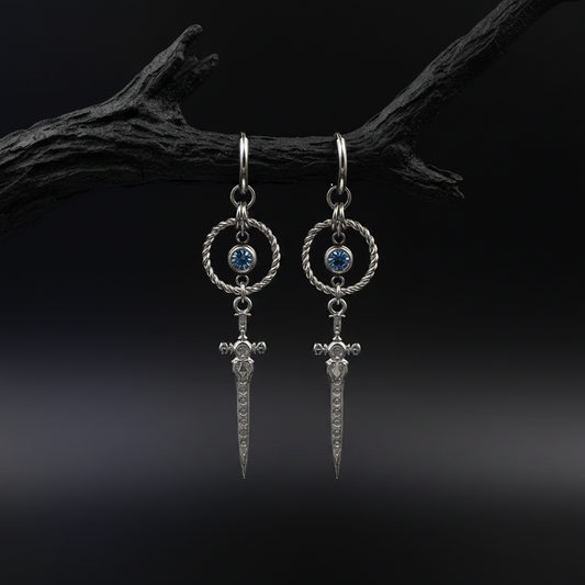 Sword Drop Earrings with Blue Crystal
