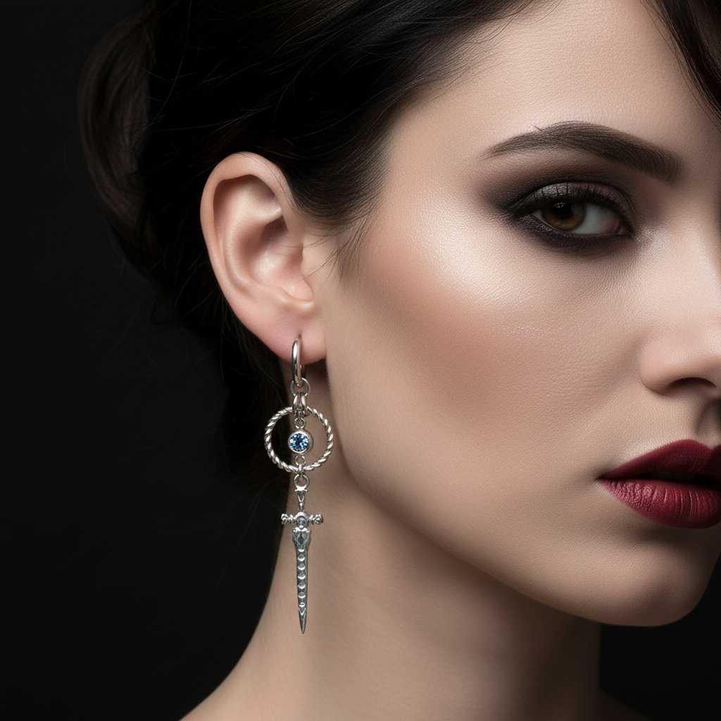 Sword Drop Earrings with Blue Crystal