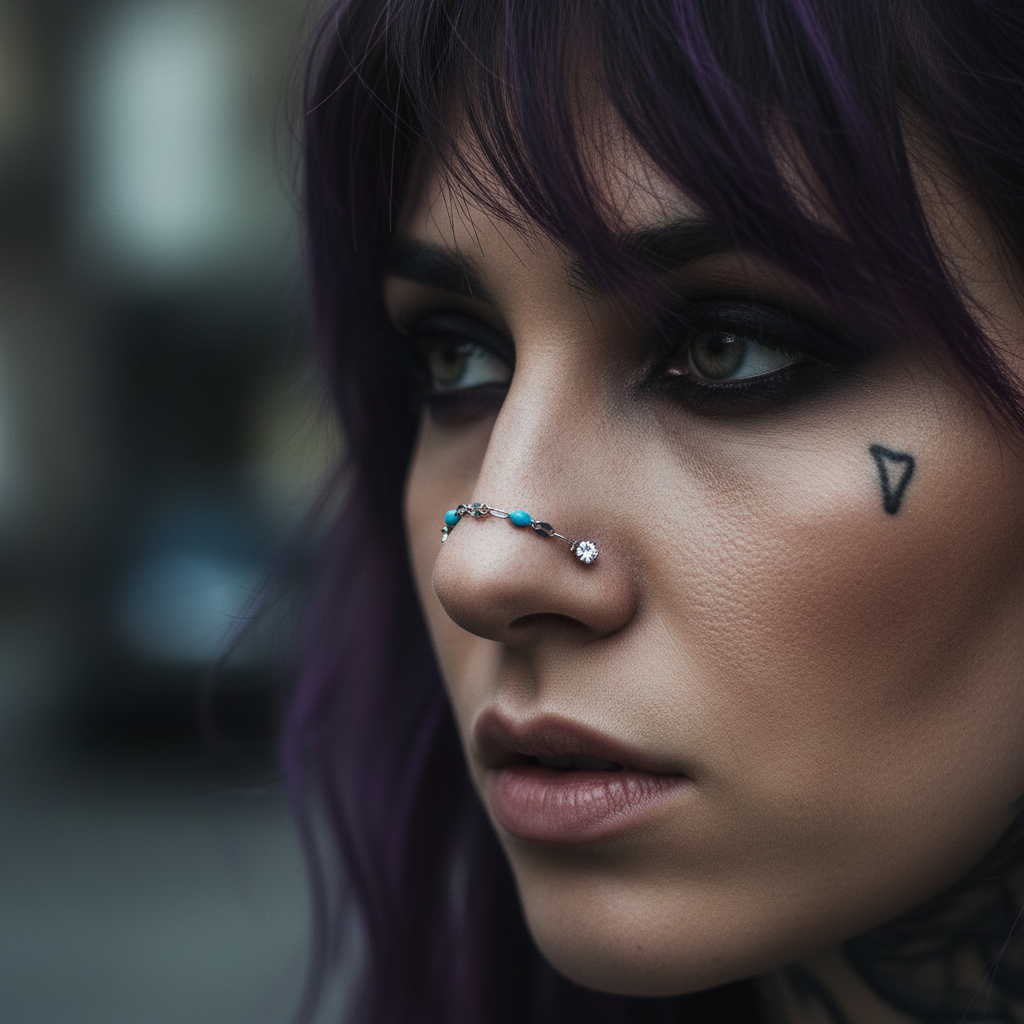 Blue Beaded Double Piercing Nose Chain
