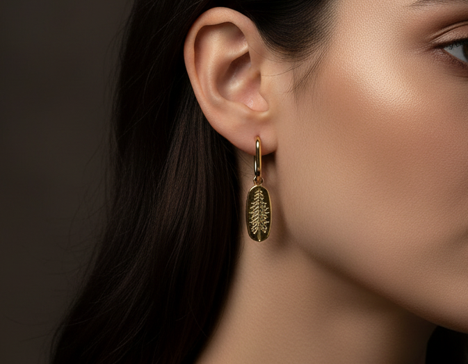 Gold Embossed Pine Tree Hoop Earrings