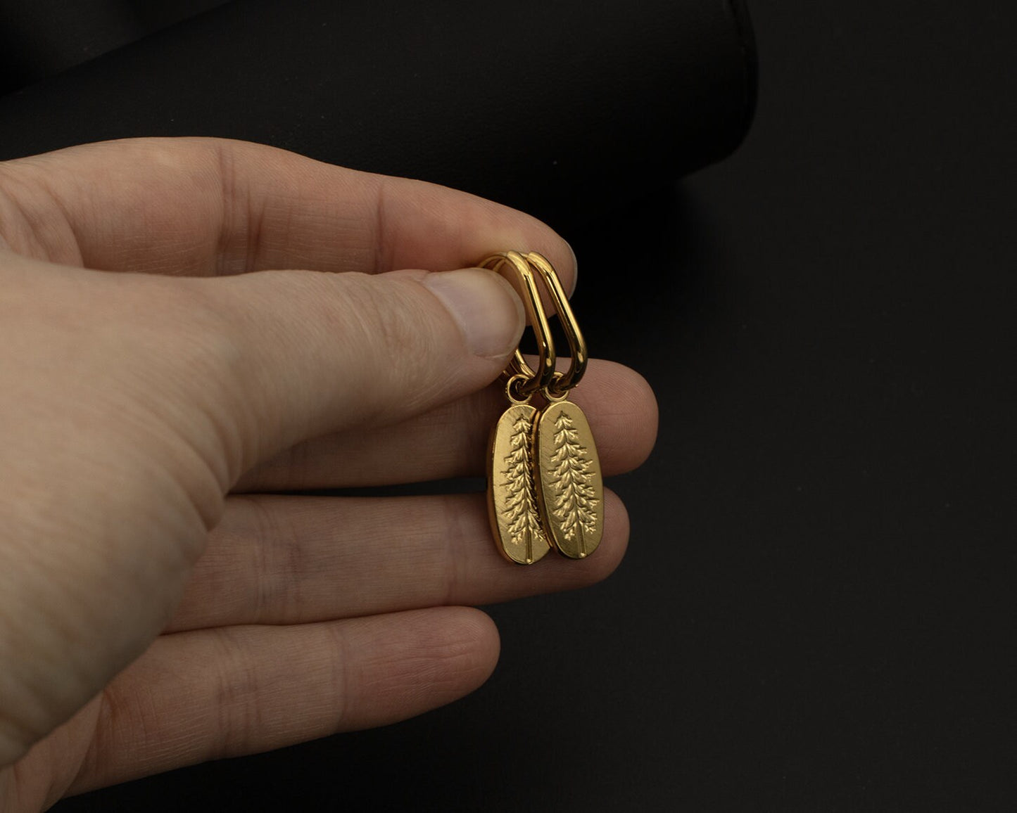 Gold Embossed Pine Tree Hoop Earrings