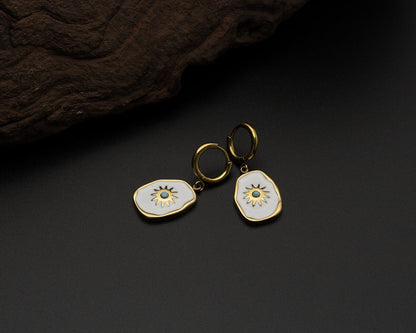 Gold Enamel Sun Hoop Earrings
