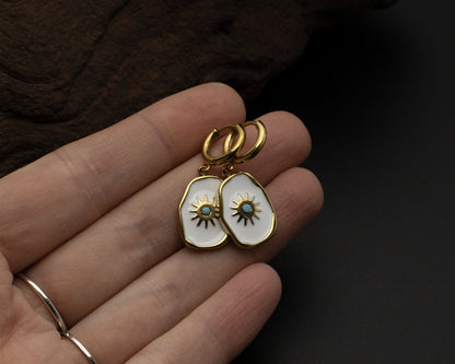 Gold Enamel Sun Hoop Earrings