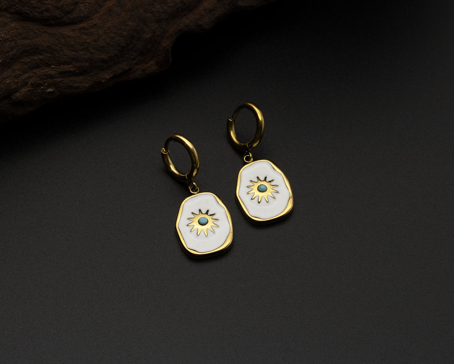 Gold Enamel Sun Hoop Earrings