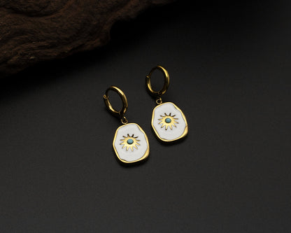 Gold Enamel Sun Hoop Earrings