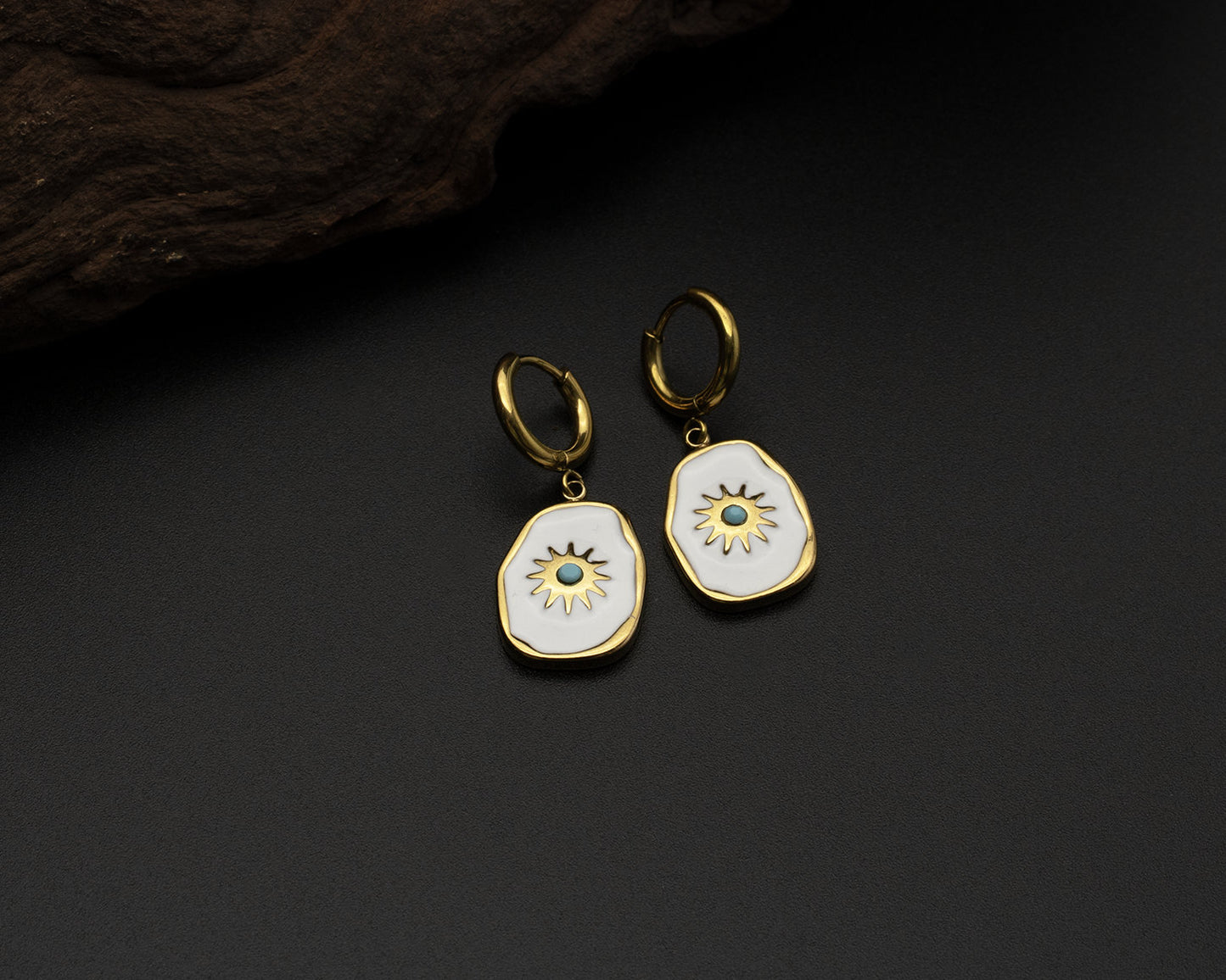 Gold Enamel Sun Hoop Earrings