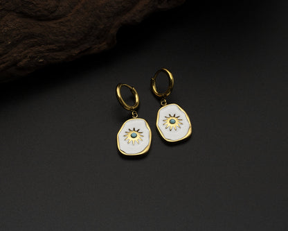 Gold Enamel Sun Hoop Earrings