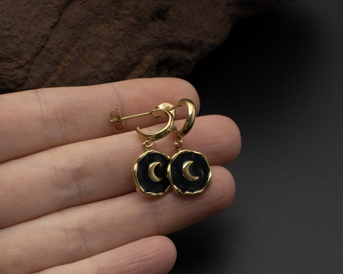 Gold Black Moon Earrings