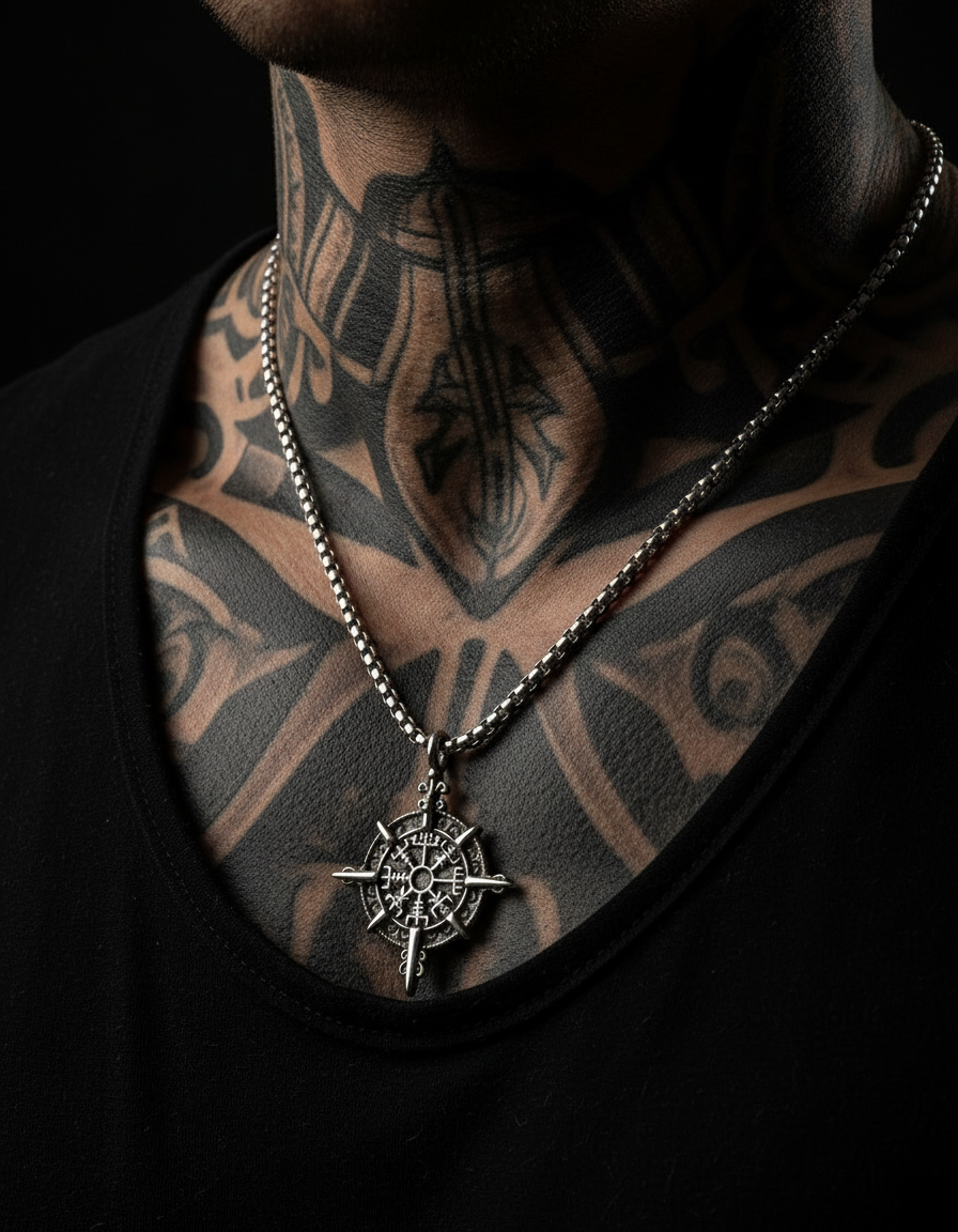 Stainless Steel Vegvisir Viking Compass Necklace
