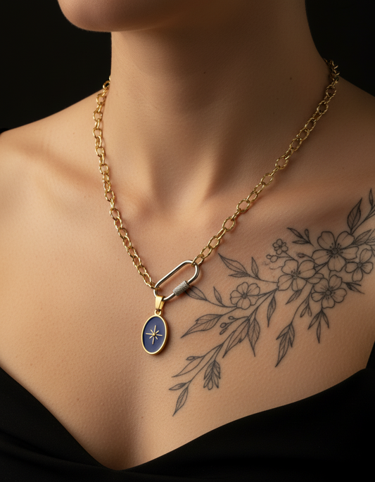 Gold Carabiner Necklace with Navy Blue Star Pendant