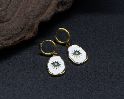Gold Enamel Sun Hoop Earrings