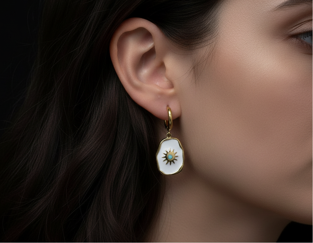 Gold Enamel Sun Hoop Earrings