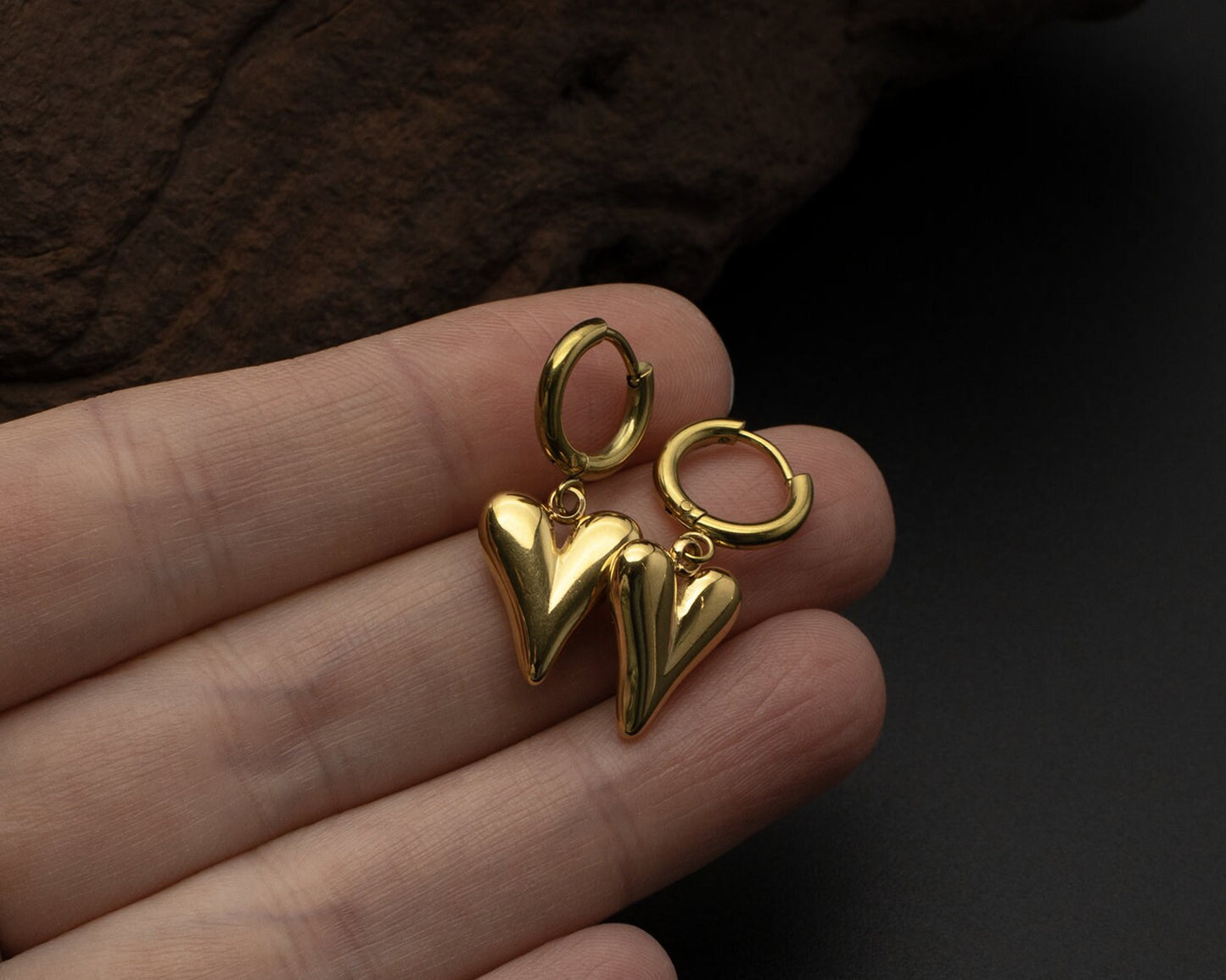 Gold Heart Drop Hoop Earrings