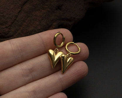 Gold Heart Drop Hoop Earrings