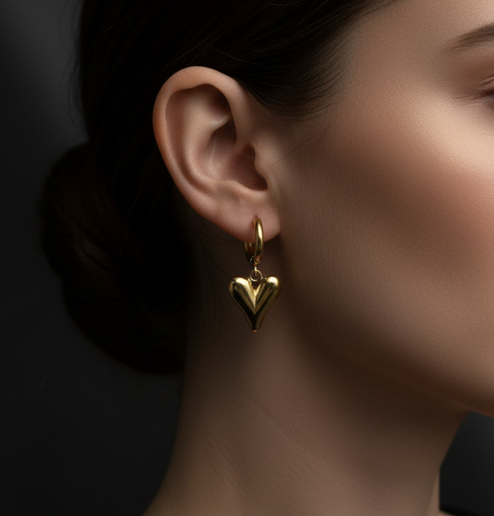 Gold Heart Drop Hoop Earrings