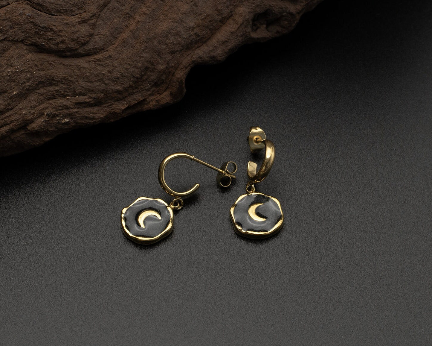 Gold Black Moon Earrings