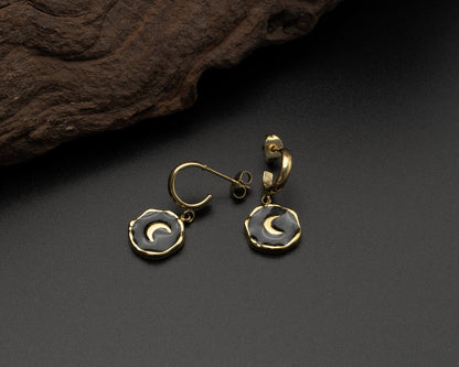 Gold Black Moon Earrings