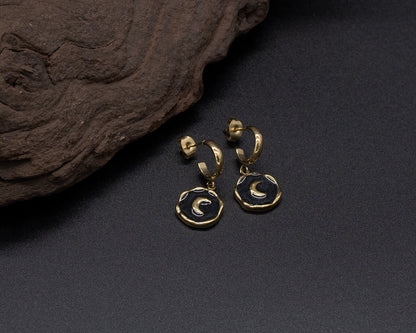 Gold Black Moon Earrings