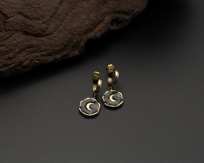 Gold Black Moon Earrings