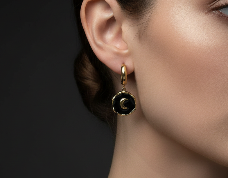 Gold Black Moon Earrings