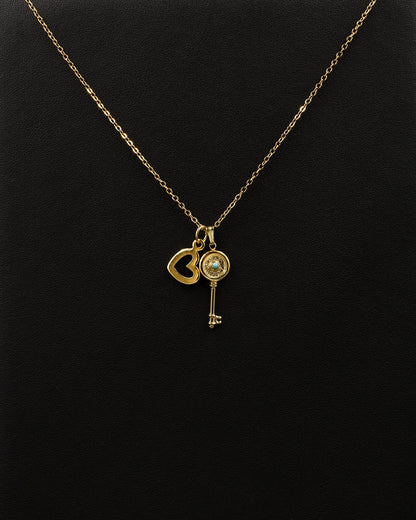 Delicate 18K Gold Chain Necklace with Key and Heart Pendant