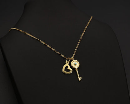 Delicate 18K Gold Chain Necklace with Key and Heart Pendant