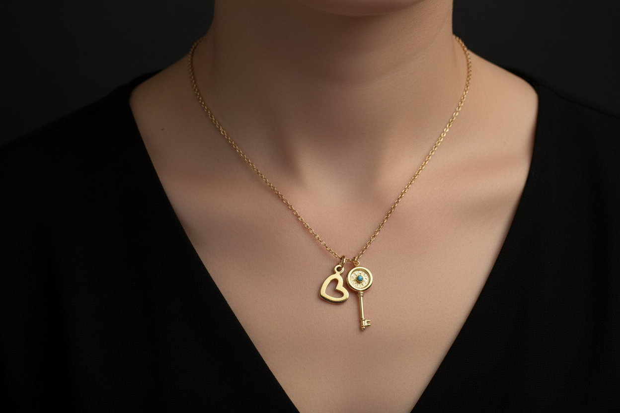 Delicate 18K Gold Chain Necklace with Key and Heart Pendant