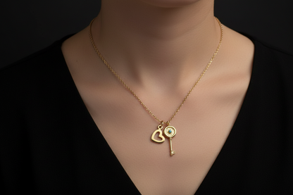 Delicate 18K Gold Chain Necklace with Key and Heart Pendant