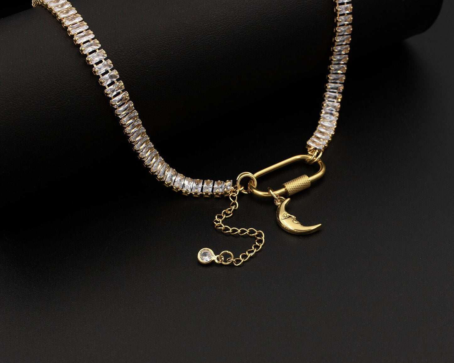 Gold Cubic Zirconia Tennis Carabiner Choker with Moon