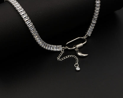 Silver Cut Cubic Zirconia Tennis Choker with Moon Charm