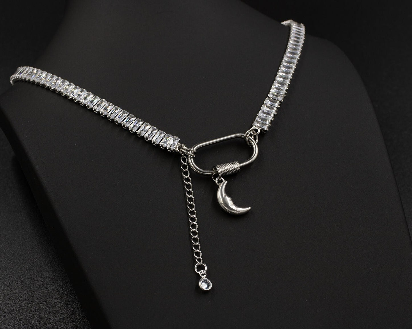 Silver Cut Cubic Zirconia Tennis Choker with Moon Charm