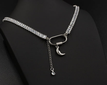 Silver Cut Cubic Zirconia Tennis Choker with Moon Charm