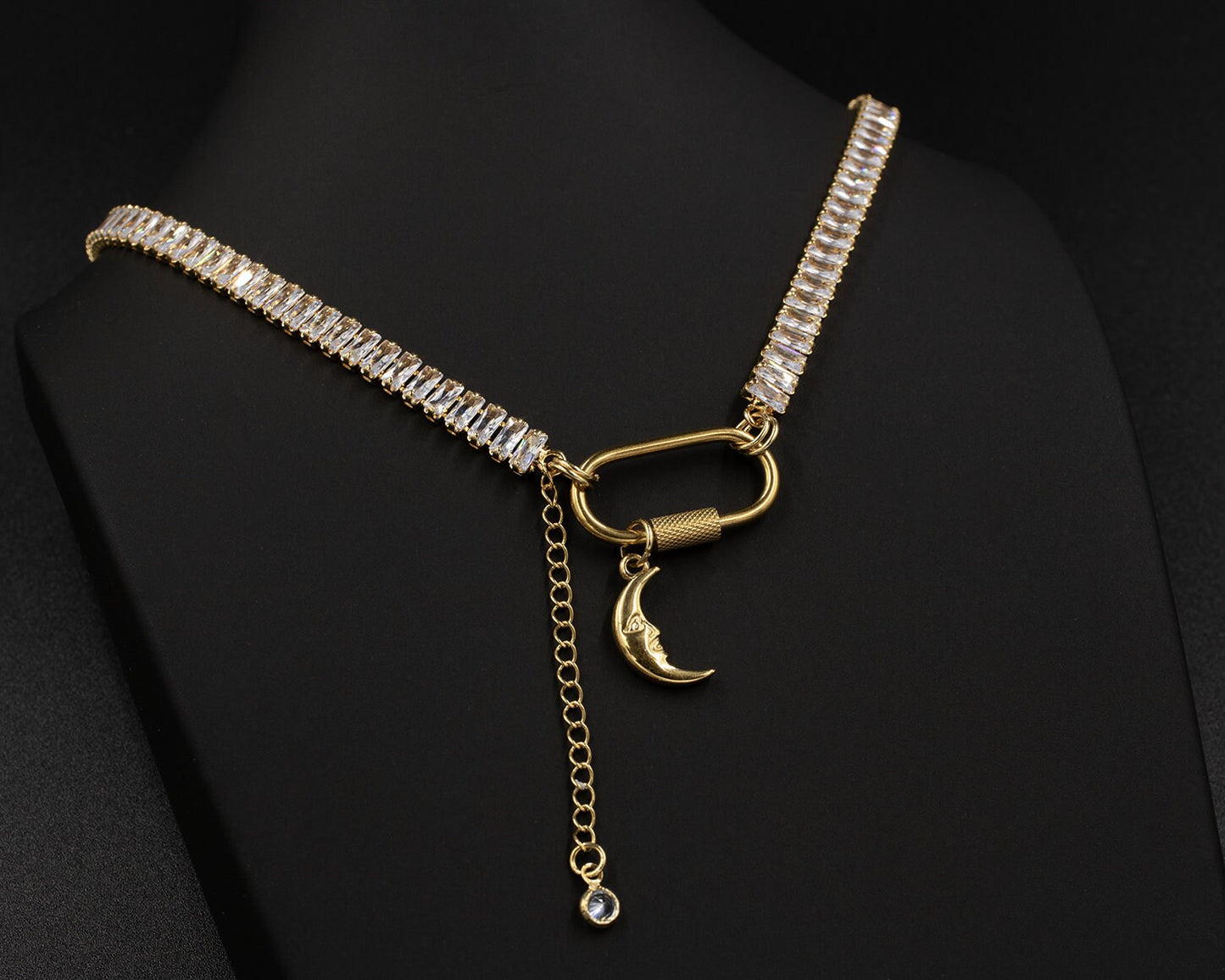 Gold Cubic Zirconia Tennis Carabiner Choker with Moon
