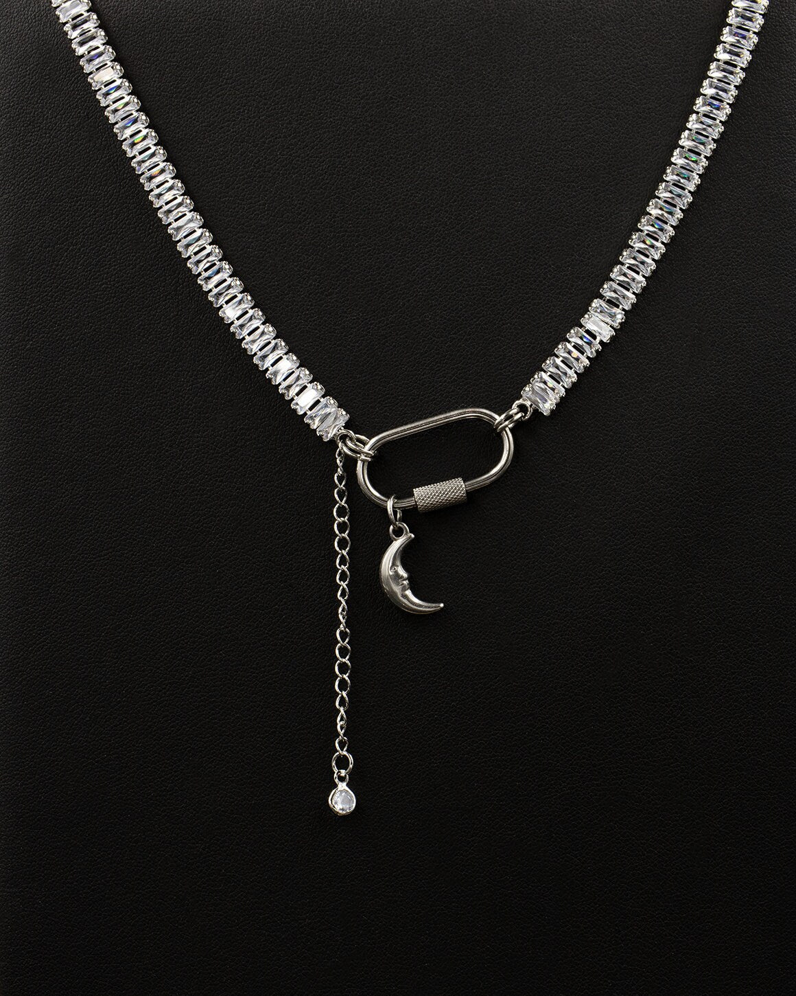 Silver Cut Cubic Zirconia Tennis Choker with Moon Charm